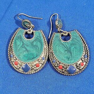 Vtg Edgar Berebi Earring Southwest Seafoam Enamel Pierced Dangle Earrings Signed